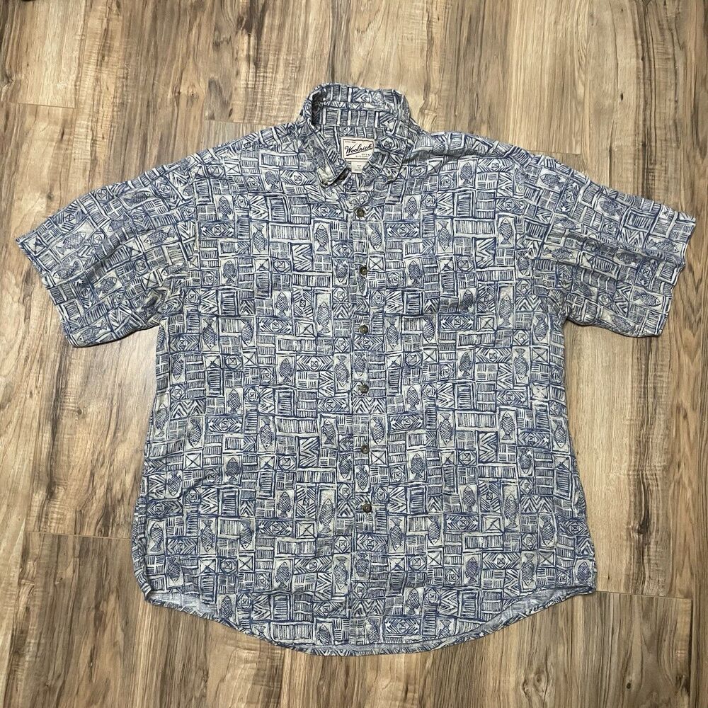 Woolrich Button Up Cotton Shirt Mens Size XL Fish Pattern Fishing Outdoor Blue